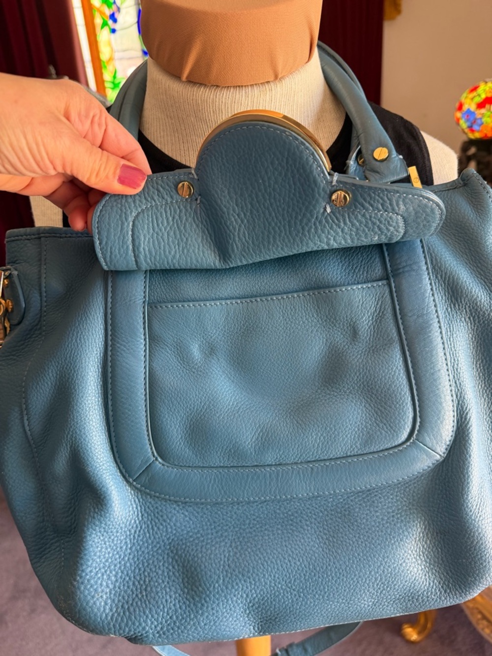 Tory Burch Blue Teal Pebbled Leather Shoulder Bag with Gold Logo - Picture 5 of 14